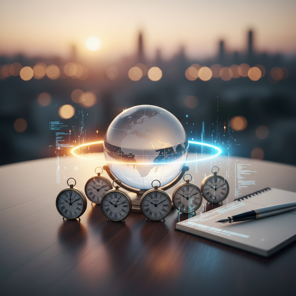 Glass globe on desk with clocks set to different times, symbolizing global time zone collaboration