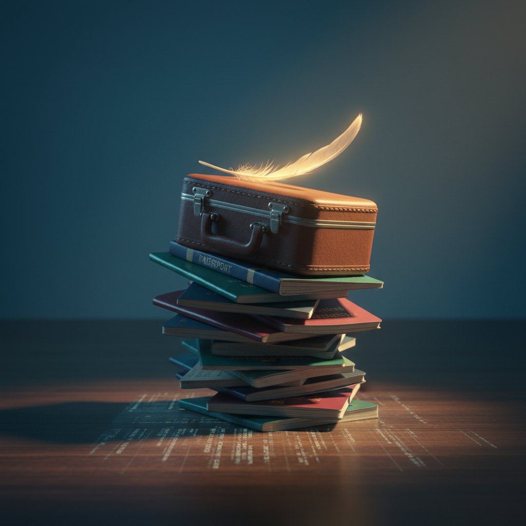 Delicate stack of passports and a glowing feather representing transparency and honesty in visa interviews