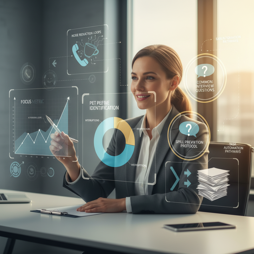 Professional at desk with AI overlays visualizing workplace annoyances and feedback