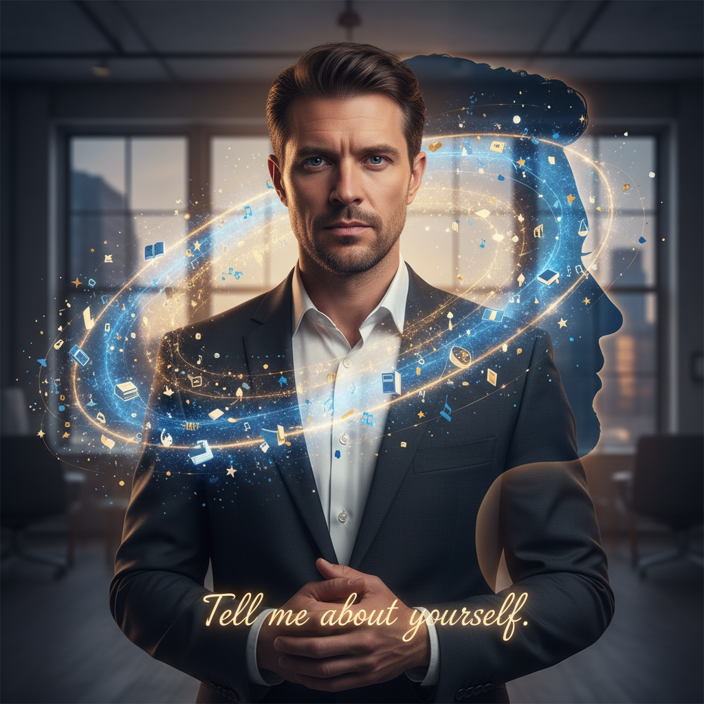 Ein fokussierter Bewerber blickt in einen leuchtenden Wirbel, in dem sich Erfahrungen, Kompetenzen und Ziele spiegeln. Symbolbild für Selbstreflexion.